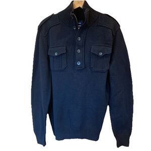 Gap Chunky Wool Blend Men’s Sweater Sz XL Black Quarter Zip Epaulettes Preppy